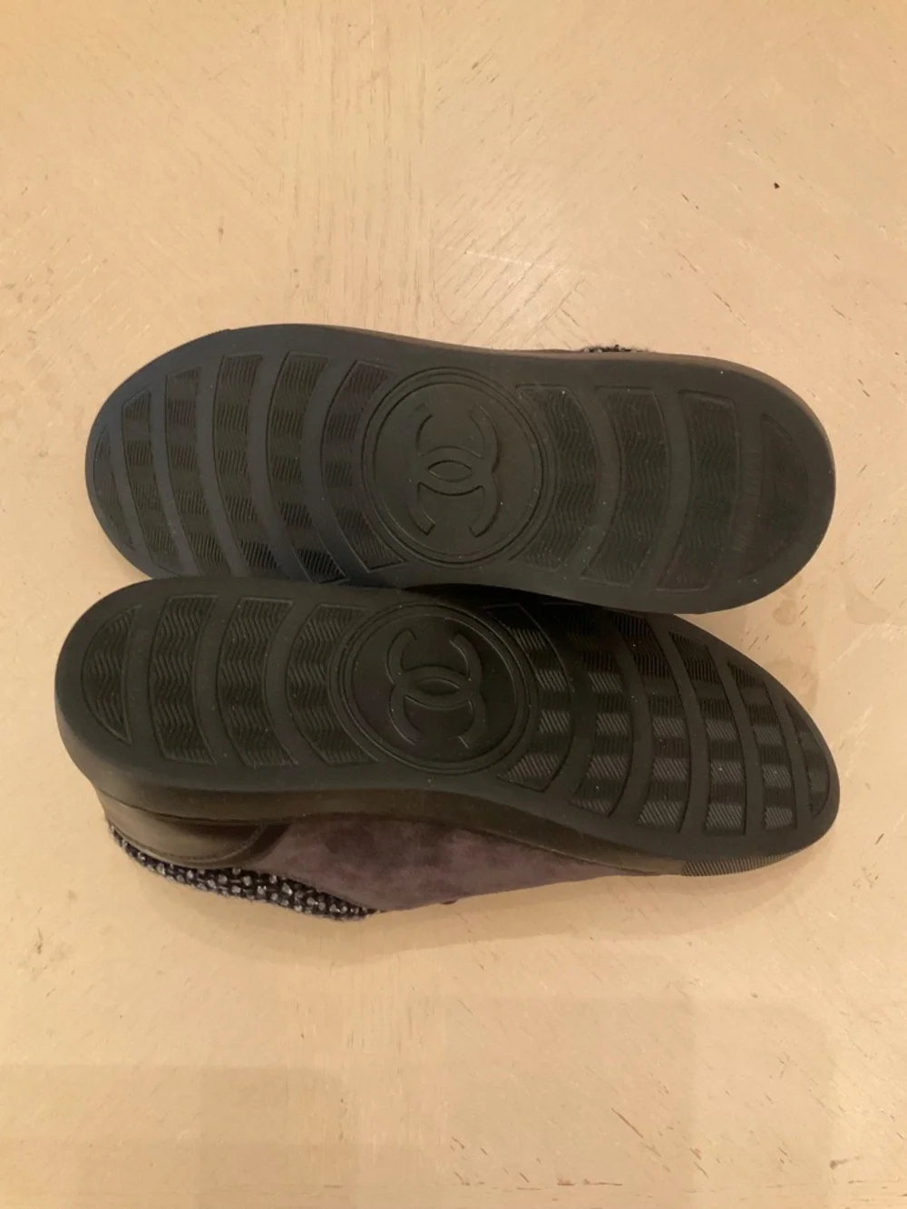 CHANEL Grey Gray Black Suede Tweed Low Top Lace Up Sneaker Shoes 37.5